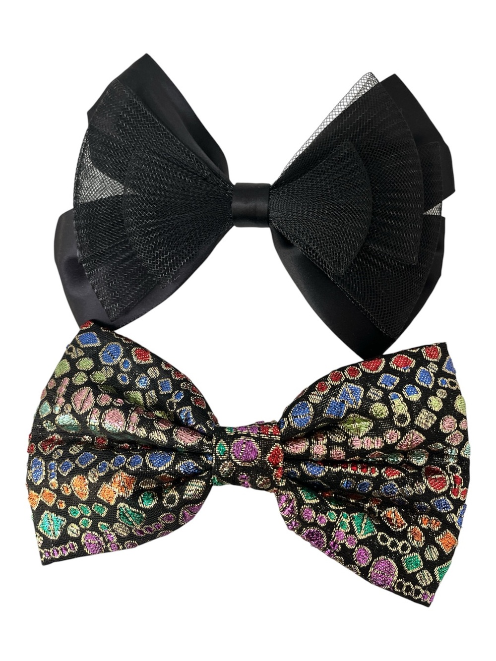 Pair of Vintage Black Mesh Metallic Jacquard Bows Barrettes Made in France